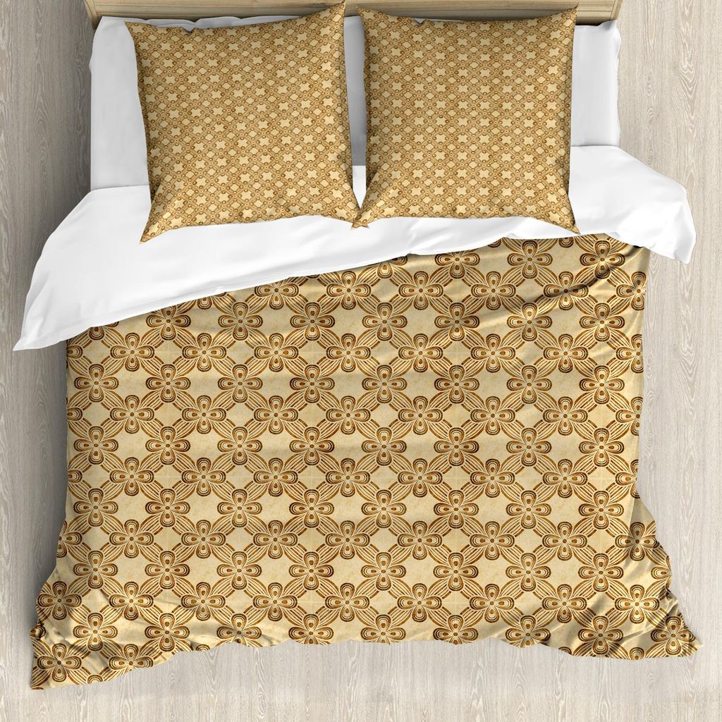 ABAKUHAUS Blumen Bettbezug Set, Repeating Diamantförmig Fliesen Muster mit abstrakten vier Blatt-Blumen-Druck, 155 x 220 cm + 80 x 80 cm, Caramel ...