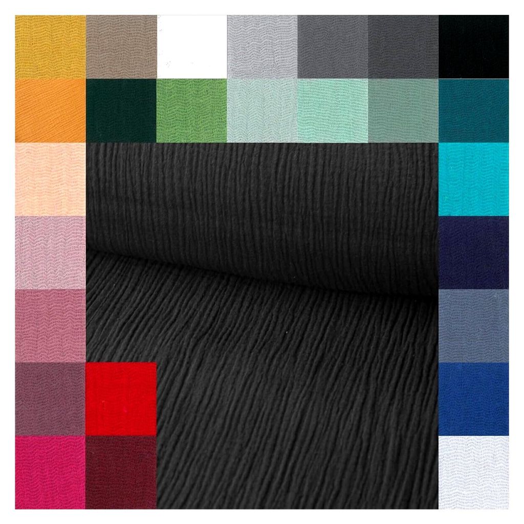 Musselin Meterware - Musselinstoff - Double Gauze - BabyBaumwolle - 27 Farben - Windelstoff, Blusenstoff Krepp - 25 cm x 130 cm, Farbe: 069 schwarz