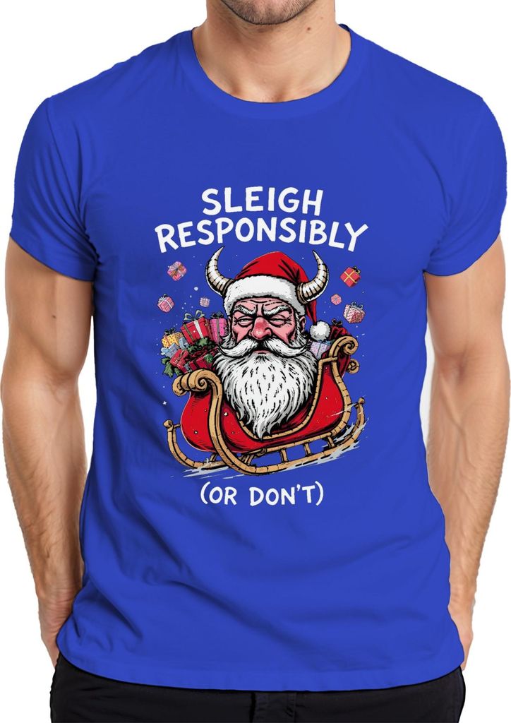 Sleigh Responsibly Or Don't Weihnachtsmann mit Hörnern Schlitten Herren T-Shirt, Blau, M