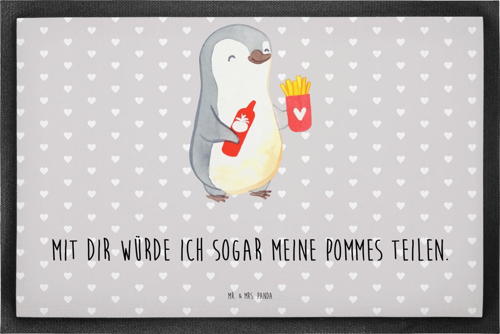 Mr. & Mrs. Panda außenmatte Pinguin Pommes 50 x 75 cm - Grau Pastell - Geschenk, Freundin, Freund, Türvorleger, Jahrestag, fußmatte, Schmutzfän...