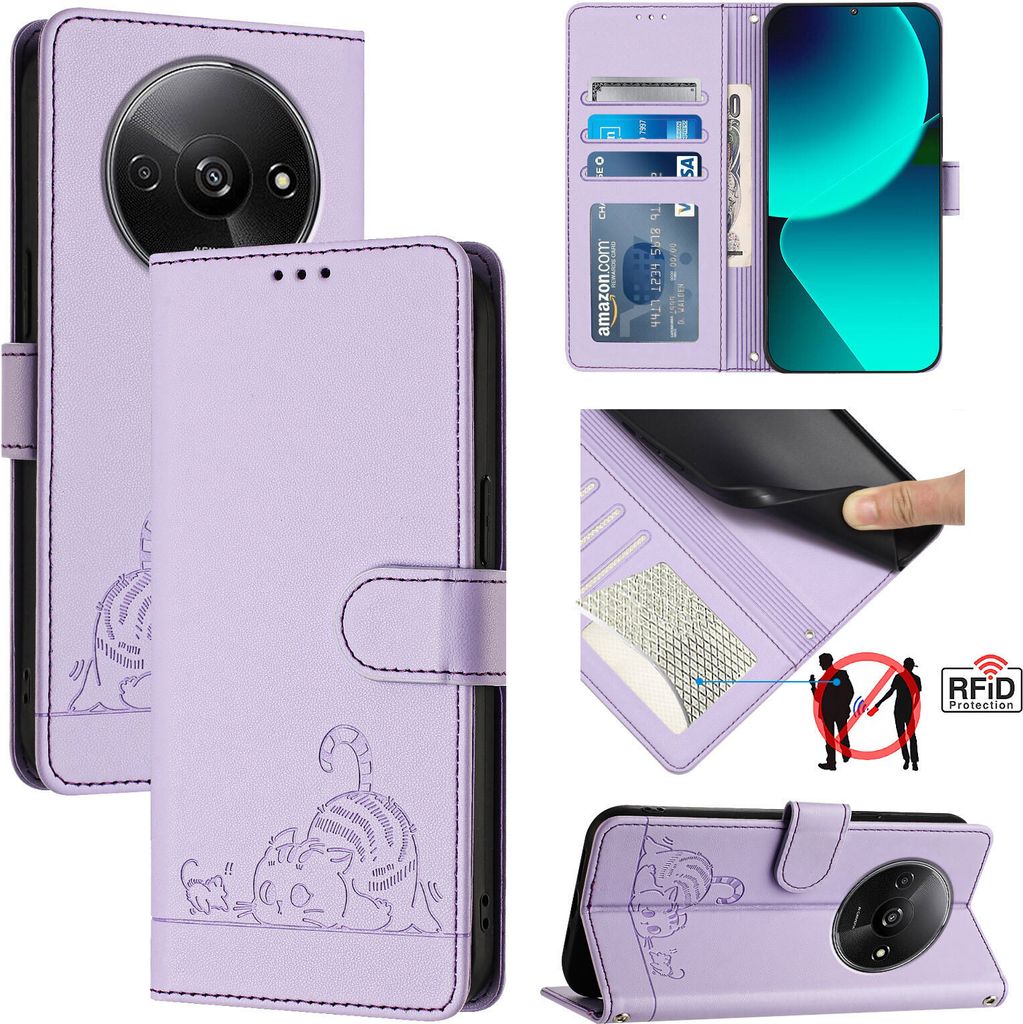 Leder Hülle für Xiaomi Poco C61 /Redmi A3 Süße Katze Flip Case Brieftasche Schutzhülle mit Standfunktion Lila