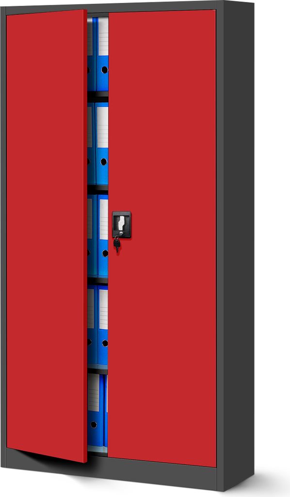 A filing cabinet with its doors open, showing folders inside.