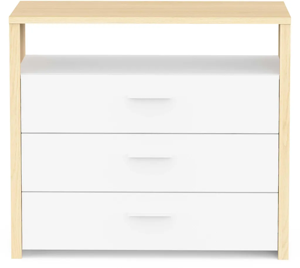 Commode HEVA 3 Tiroirs avec Niche Ouverte Largeur 93 cm Blanc/Chêne