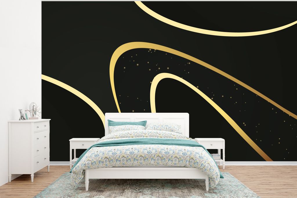 MuchoWow Fototapete für Wohnzimmer oder Schlafzimmer Wandtapete Vinyl Motivtapete Goldene Wellen auf schwarzem Hintergrund - 400x300 cm - Papier...