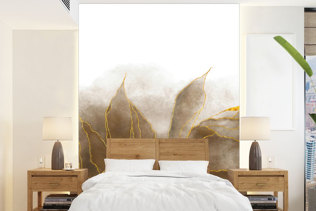 MuchoWow Fototapete für Wohnzimmer oder Schlafzimmer Wandtapete Vinyl Motivtapete Marmor - Gold - Braun - Textur - Marmoroptik - 175x240 cm - Sc...