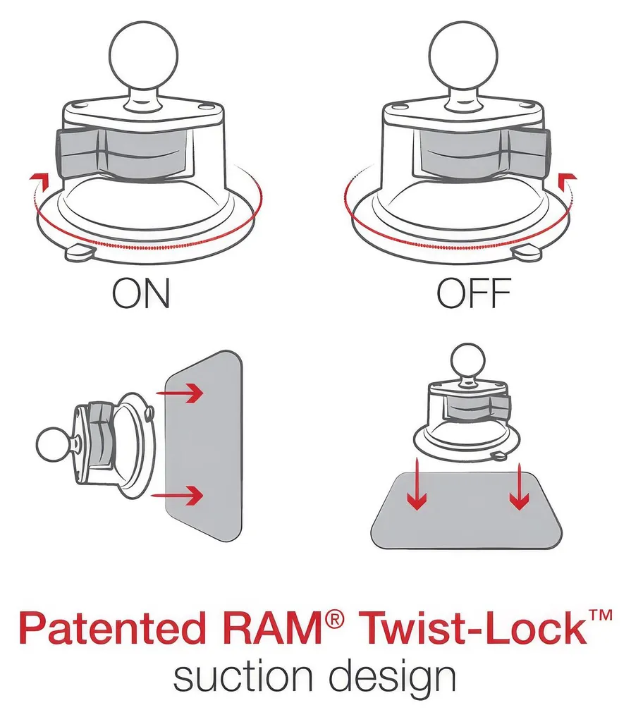 Support RAM Mounts Ventouse Twist-Lock et Double Rotule Orientable