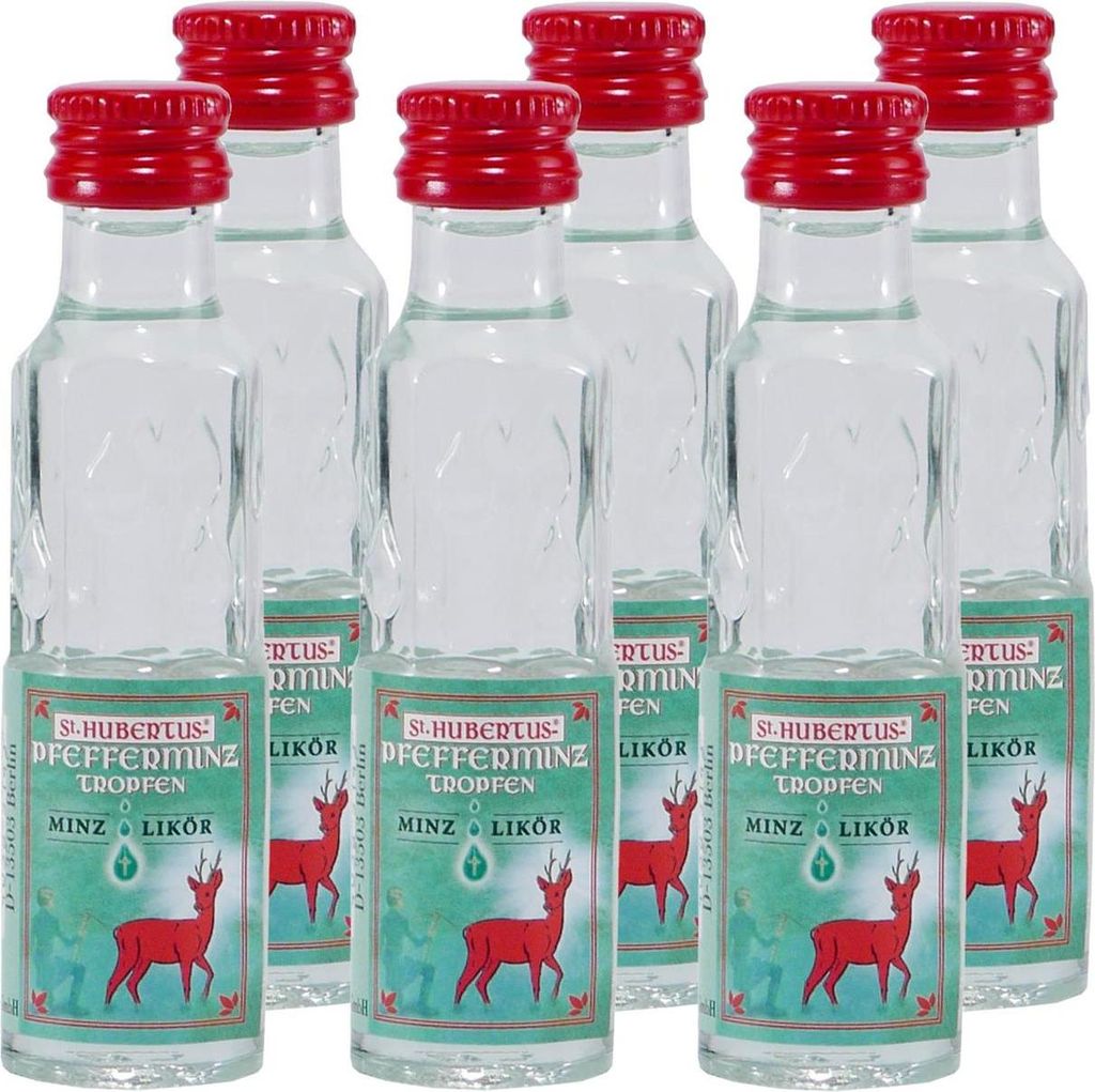 A group of small bottles of St. Hubertus Pfefferminz Tropfen.