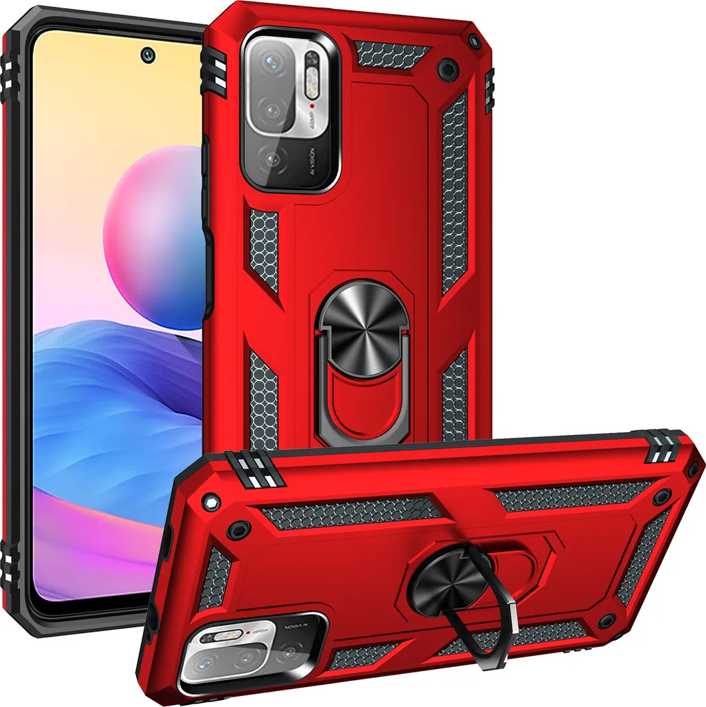 Custodia per Xiaomi Poco M3 Pro 5G / Redmi Note10 5G a doppio strato robusta, protezione militare con supporto ad anello e supporto rosso