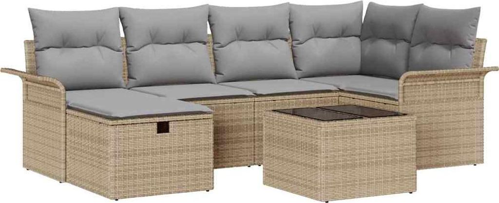 SYFAX Garten-Sofa-Set mit Kissen mit Speicher 7 pcs Beige Poly Rattan