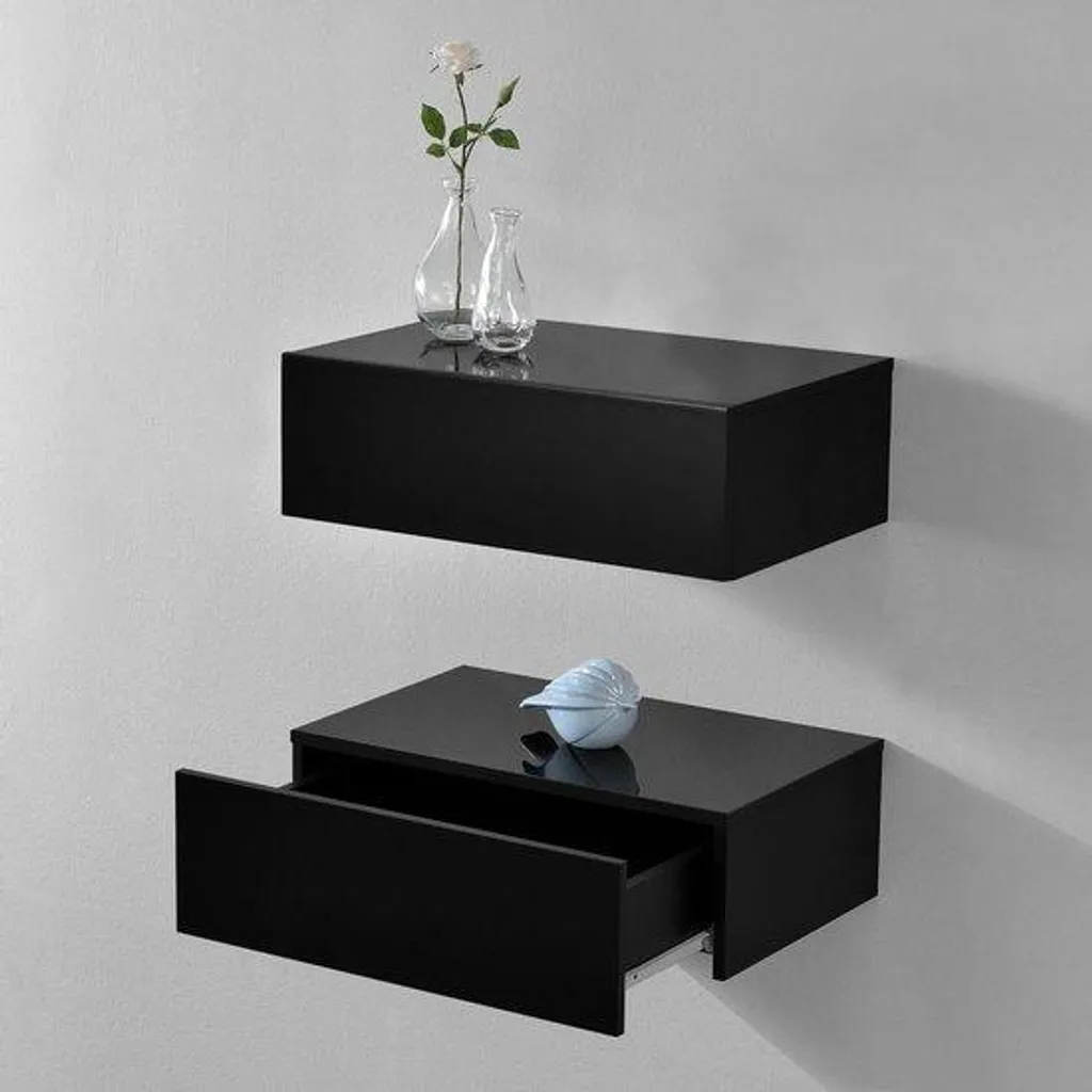 Table de chevet suspendue noire pour chambre - Étagère murale tiroir x2