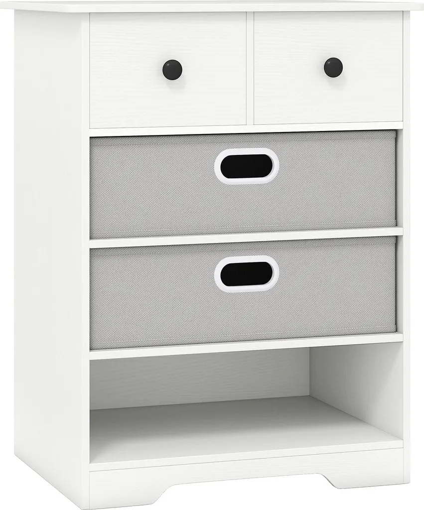Commode blanche 4 tiroirs coulissants et étagères latérales de style