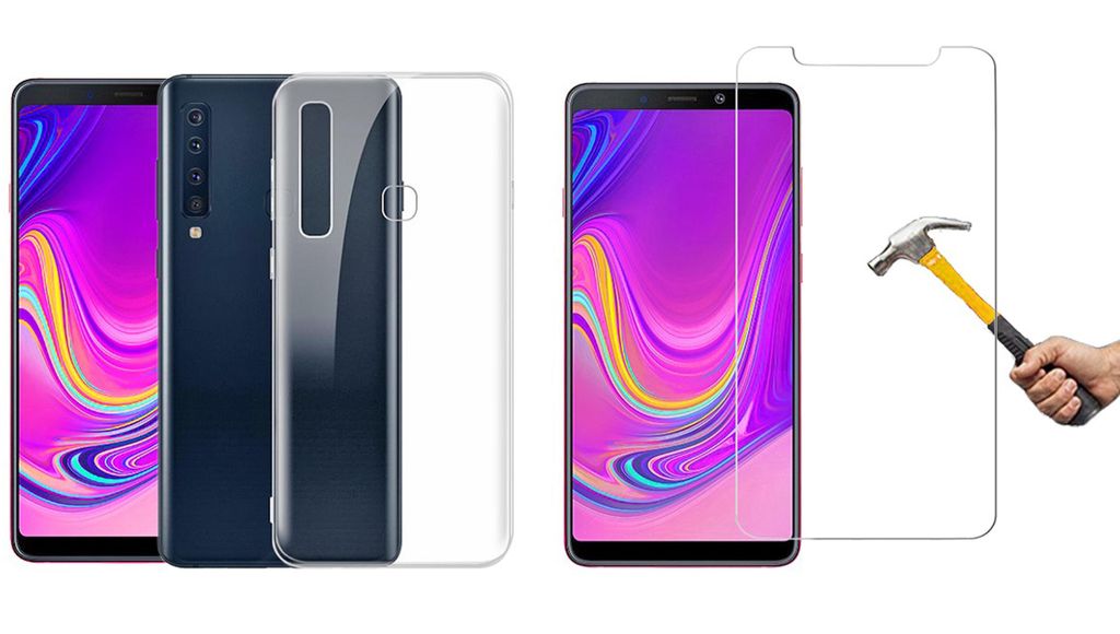 2in1 Schutzglas Schutzhülle für Samsung Galaxy A9 2018 Silikon Case mit Panzerglas TPU Hülle transparent Cover Handyhülle Schutzfolie Handyschutz