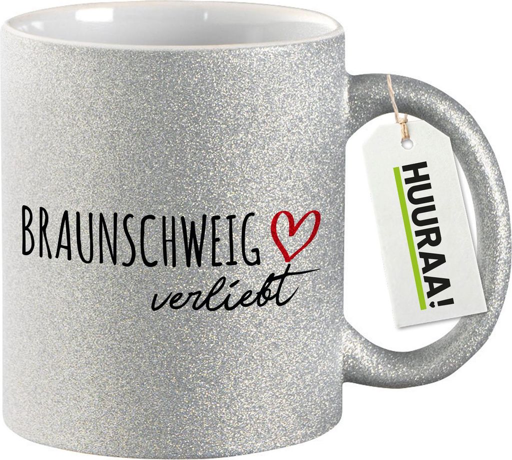 Huuraa Glitzertasse Braunschweig verliebt 330ml Silber Keramik Kaffeebecher Geschenkidee