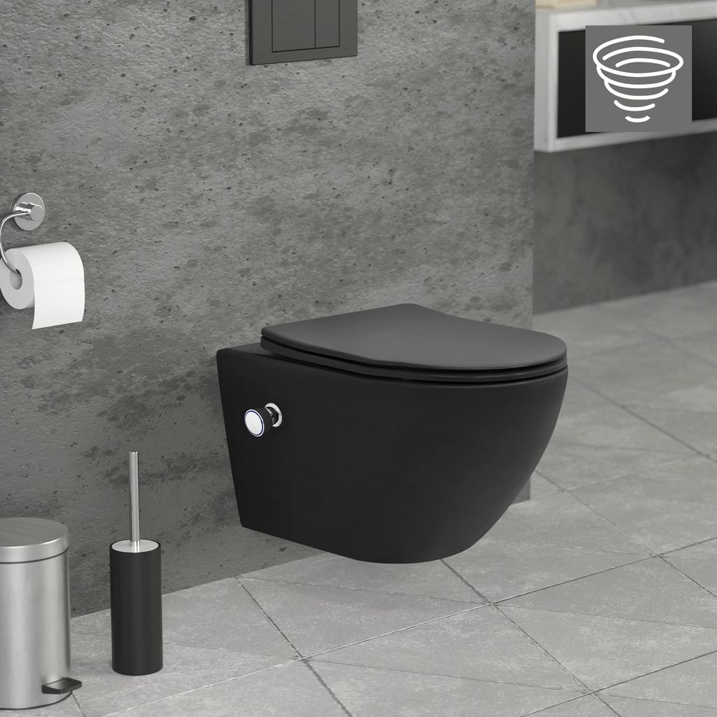 A modern black wall-mounted toilet with a bidet function in a bathroom setting.