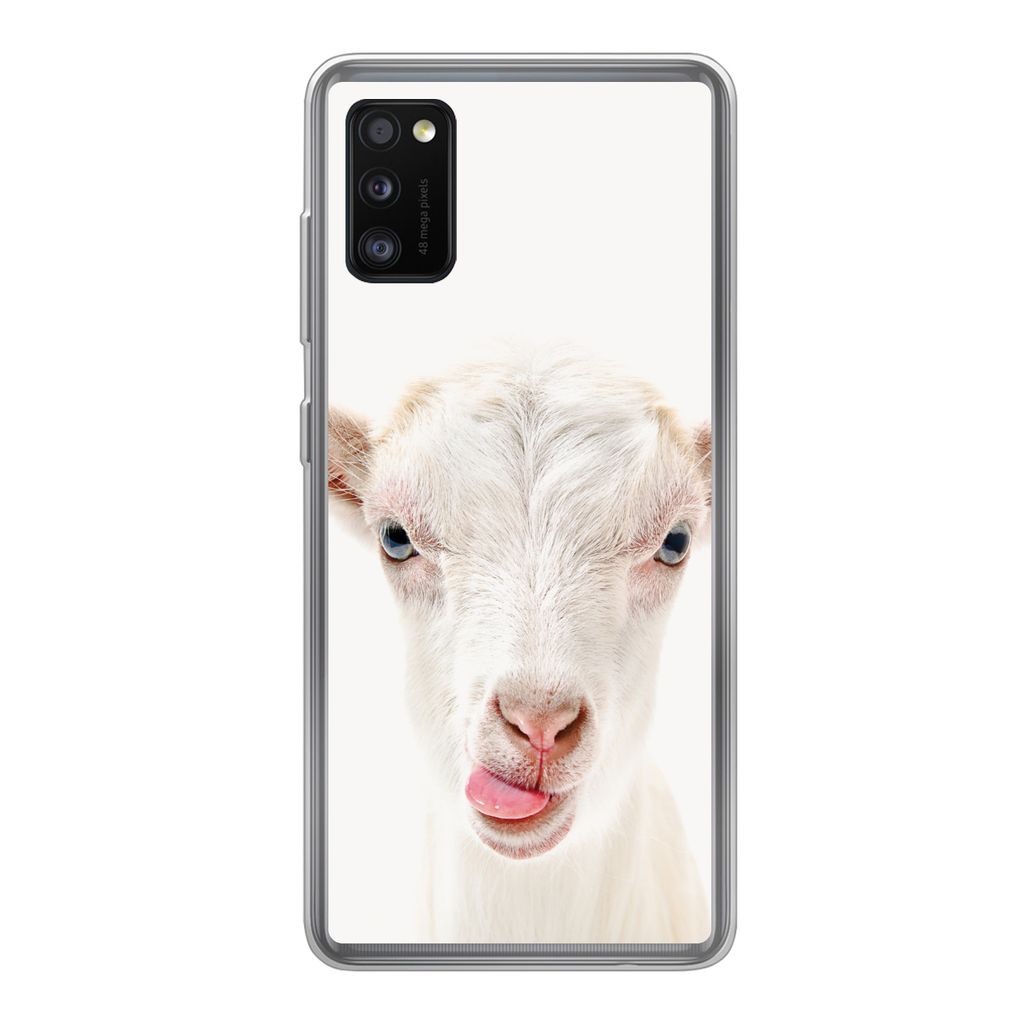 MuchoWow Handyhülle Schutzhülle Hülle für Samsung Galaxy A41 Ziege - Porträt - Junge - Mädchen - Kinder - Weiß Silikon Softcase Handy Hül...
