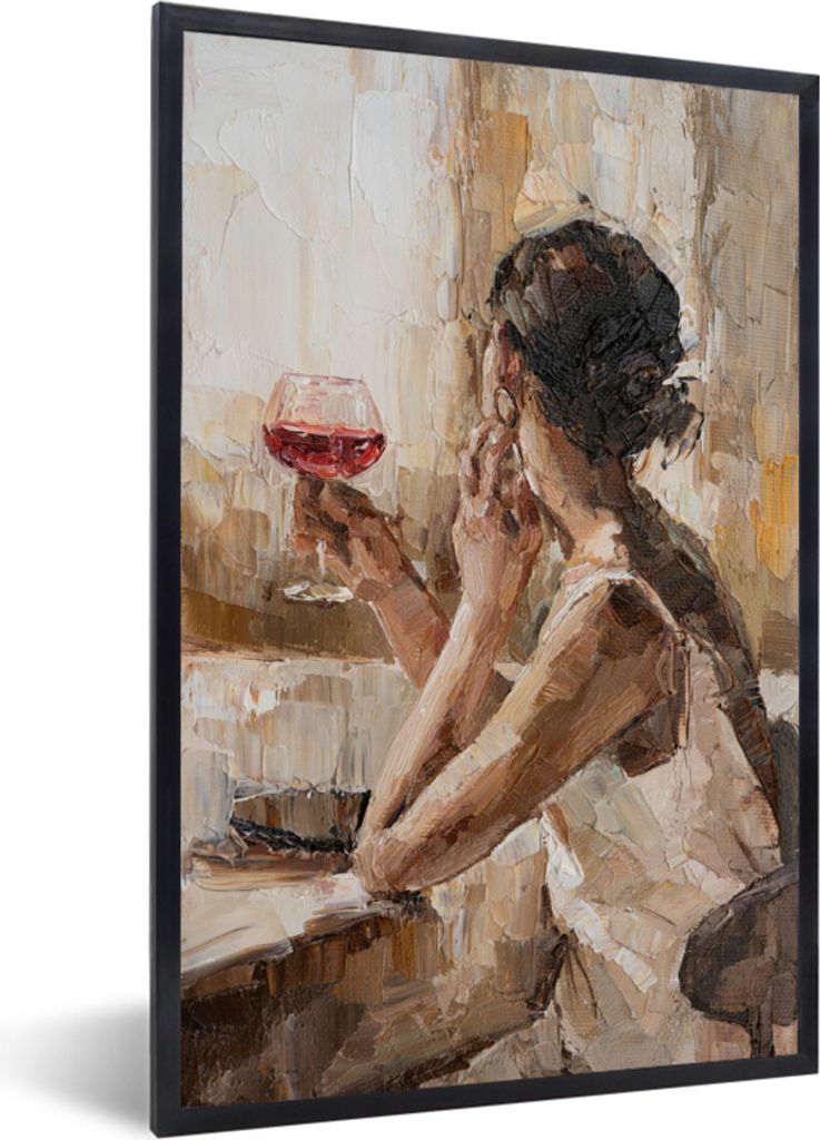 MuchoWow Gerahmtes Poster Gemälde - Frau - Wein - Öl 40x60 cm - Poster mit Schwarzem Bilderrahmen Wandposter Rahmen Foto Bilder - Papierdruck -...