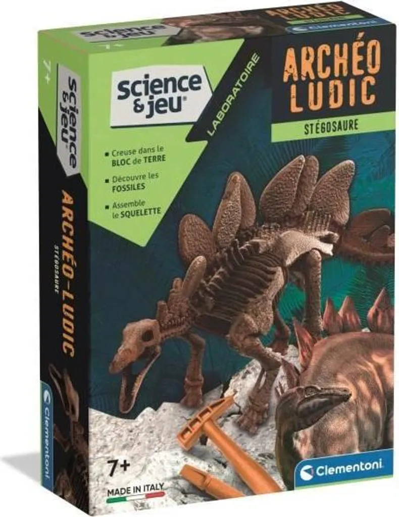 Archéo Ludic Stégosaure Set da scavo, CLEMENTONI, martello e scalpello inclusi, app di realtà aumentata