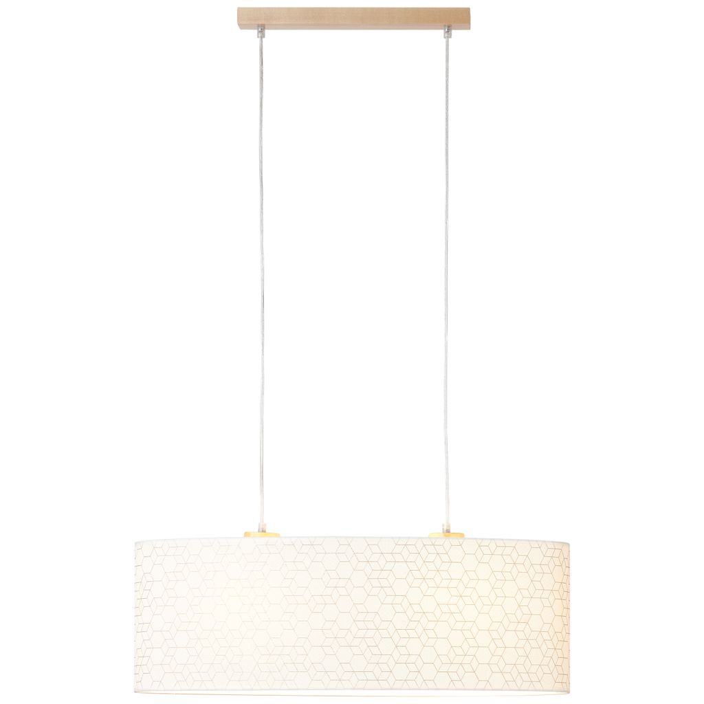 A rectangular pendant light with a white patterned shade and a light wood top, suspended by thin wires against a white background.
