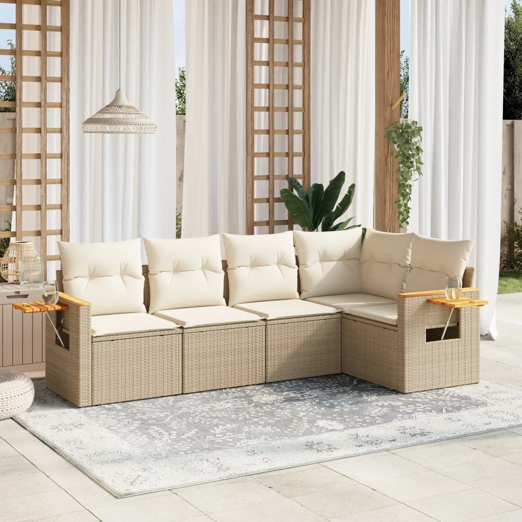 Design 5-tlg. Garten-Sofagarnitur mit Kissen Beige Poly Rattan, Gartenmöbel-Sets 2024 Neu