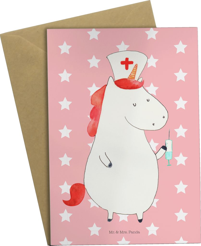 Mr. & Mrs. Panda neujahrskarte Einhorn Krankenschwester - Rot Pastell - Geschenk, Krankenhaus, einladungskarten, osterkarten, weihnachtskarten, Kra...