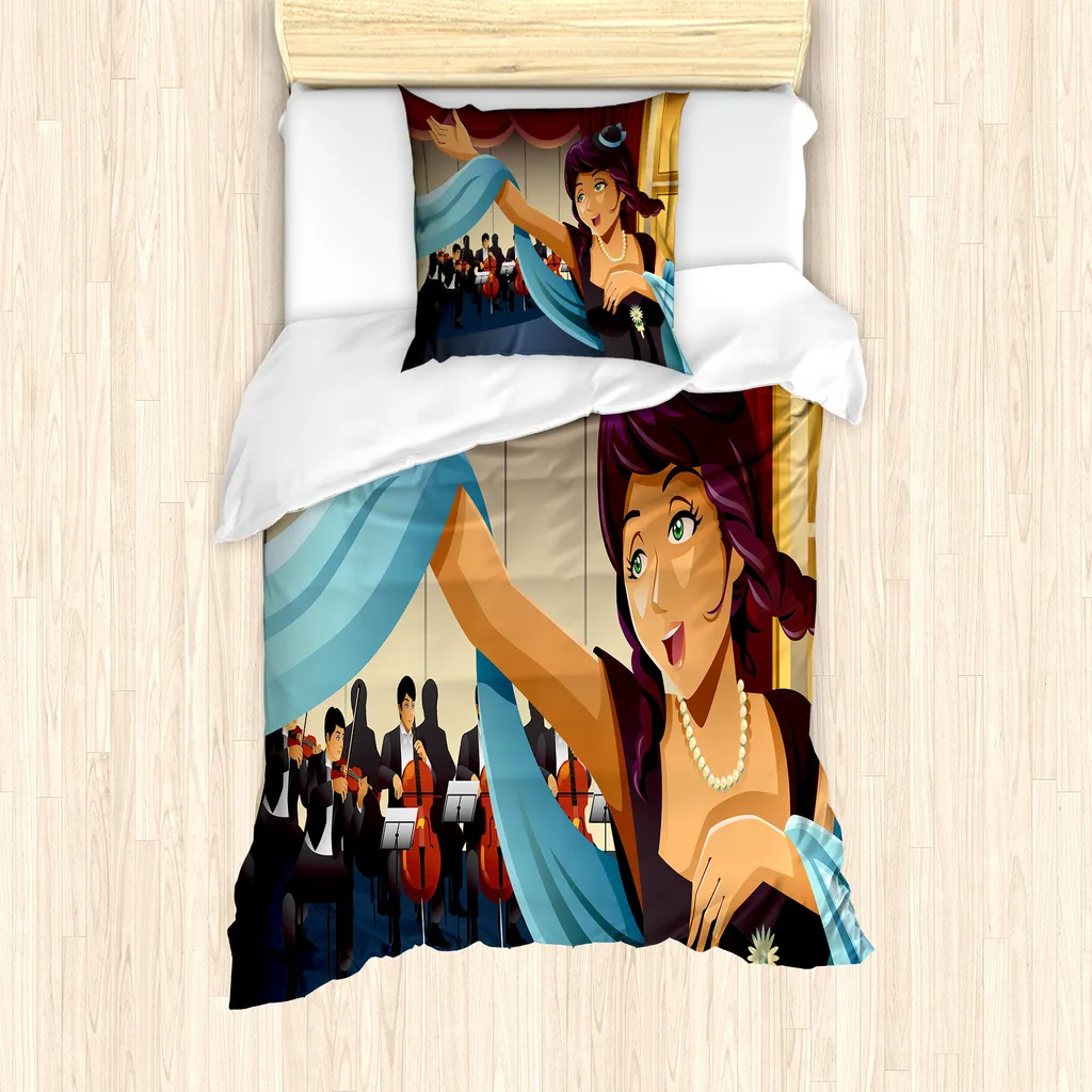ABAKUHAUS Set copripiumino per letto singolo, donna che canta con orchestra, antiacaro, adatto a chi soffre di allergie, con federa, 135 cm x 200 cm - 80 x 80 cm, multicolore
