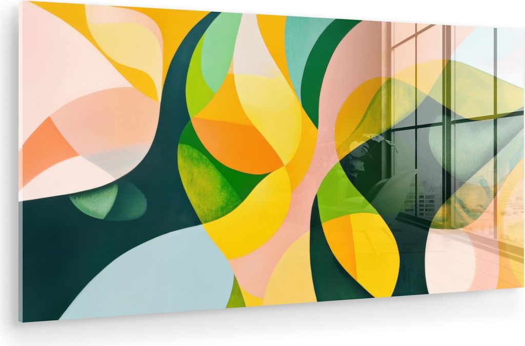 MuchoWow Glasbilder - Bilder auf Wandbild - Foto auf Glas Abstrakt - Gelb - Rosa - Grün 120x60 cm Wanddekoration aus Glas - Acrylglasbild - Acrylb...