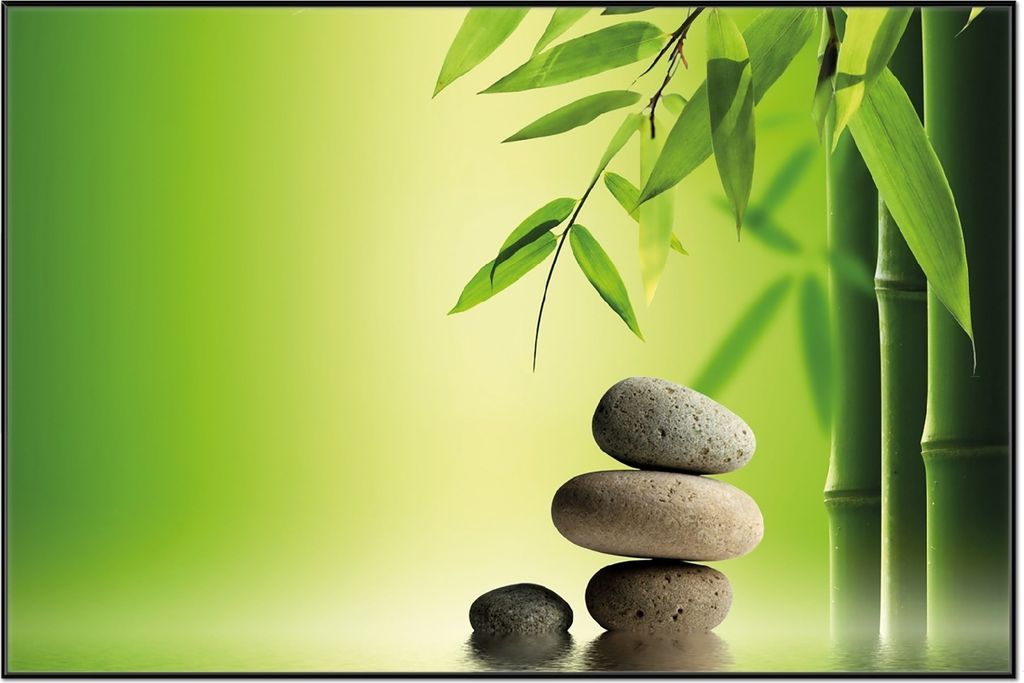 Wallario Wandbild Steinstapel im Grünen, Größe: 61 x 91,50 cm, Poster mit schwarzem Aluminiumrahmen