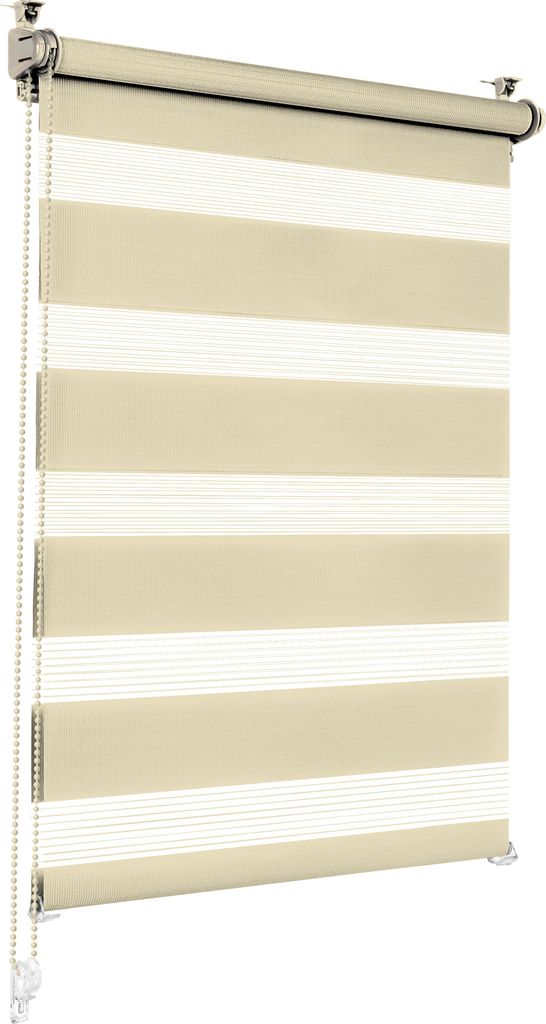 A close-up, studio shot of a cream and white striped roller blind, also known as a zebra blind, hanging down.