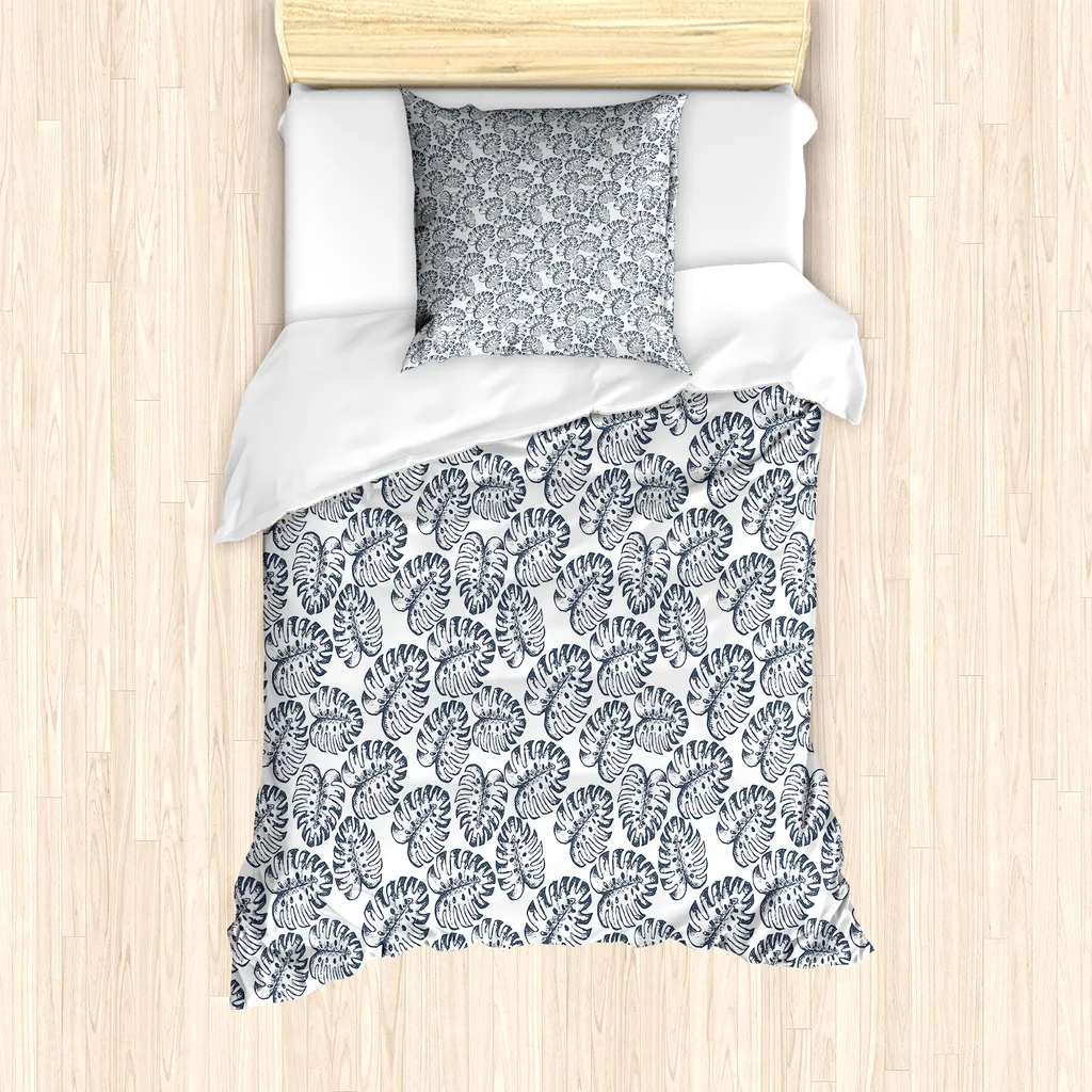 ABAKUHAUS Set copripiumino esotico per letti singoli, motivo Monstera Leaves, antiacaro e anallergico, con federa, 135 cm x 200 cm - 80 x 80 cm, blu scuro-bianco