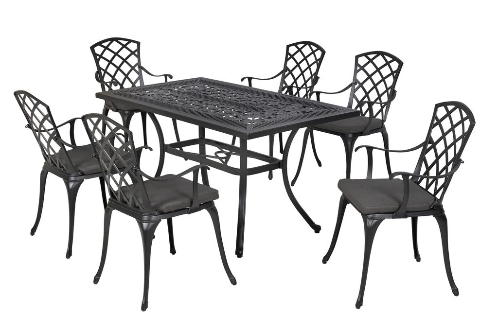 A set of outdoor furniture, including a table and six chairs, displayed on a white background.