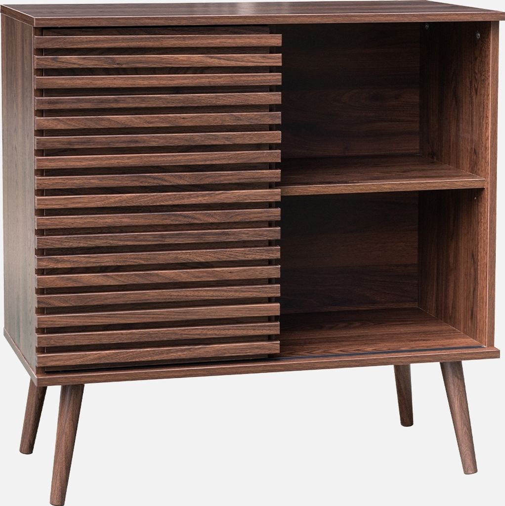 A dark brown wooden cabinet with a slatted sliding door and three open shelves, supported by four angled legs.