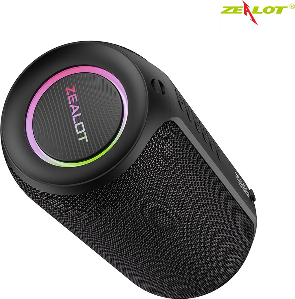 A black portable speaker with a colorful light ring on top.