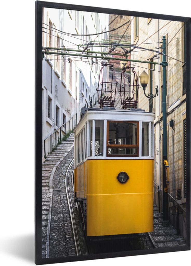MuchoWow Gerahmtes Poster Eine Straßenbahn bleibt auf der Lavra-Seilbahn in Lissabon stecken 40x60 cm - Poster mit Schwarzem Bilderrahmen Wandpo...