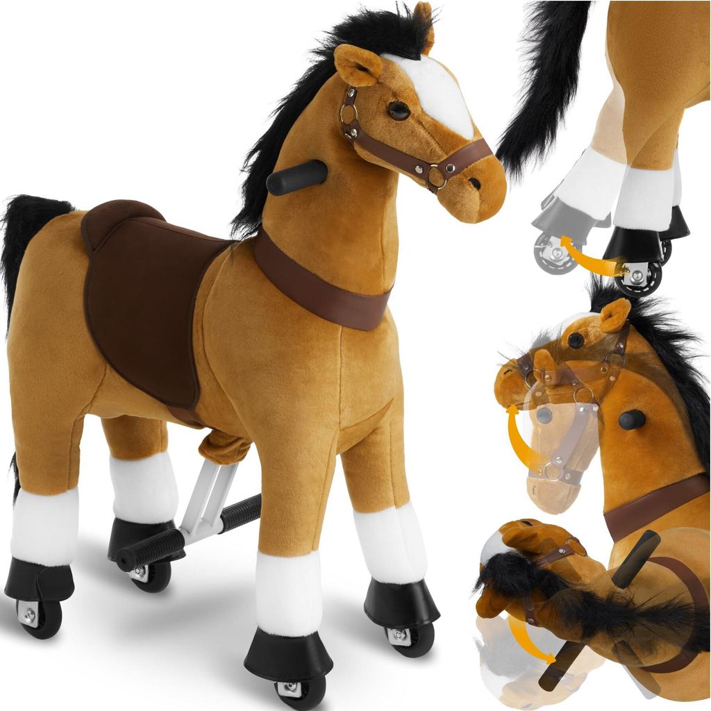 A toy horse with wheels, designed for children to ride.