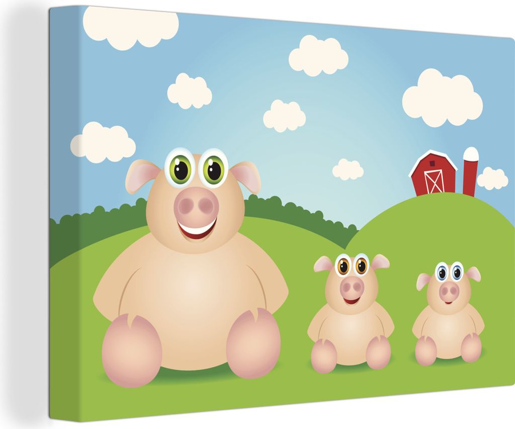 OneMillionCanvasses - Leinwandbilder - 140x90 cm, Illustration einer sitzenden Familie mit Ferkeln, Wandbilder Kunstdruck Wanddekoration - Foto a...