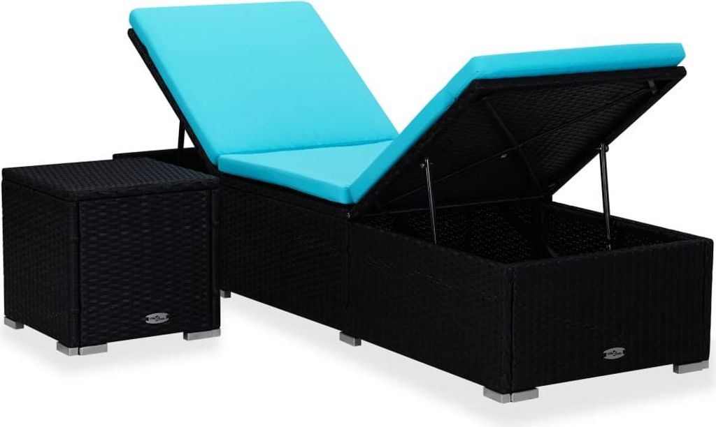 A black rattan sun lounger with a blue cushion and an open storage compartment, next to a matching black rattan side table.
