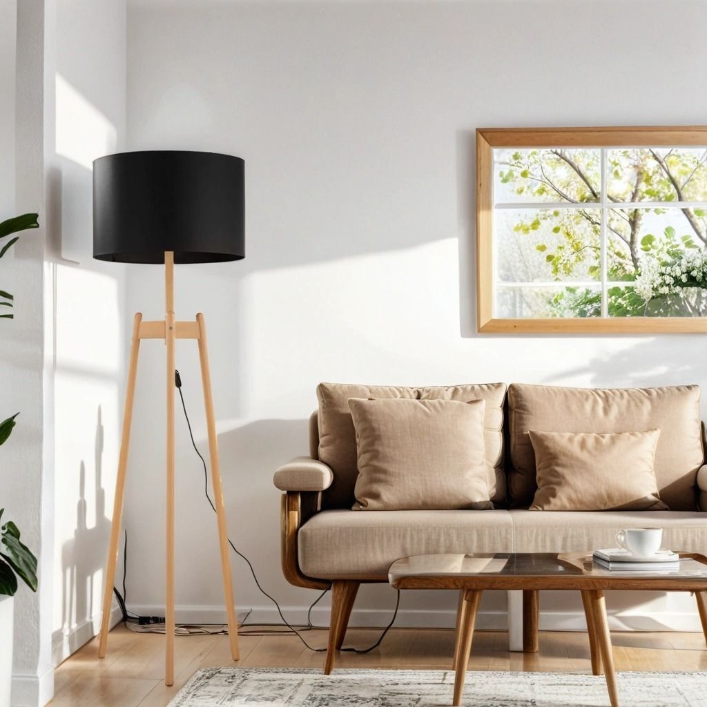 Dreibein Stehlampe 168 cm Holz Stoff E27 Natur Schwarz Stehleuchte Wohnzimmer