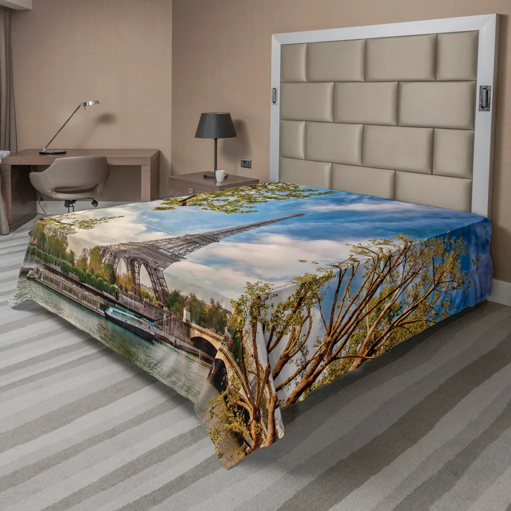 ABAKUHAUS Paris Lenzuolo, Torre Eiffel e cielo nuvoloso Foto panoramica Primavera Parigi Viaggi Destinazione, morbido e confortevole lenzuolo superiore per un letto decorativo 1 pezzo 275 cm x 260 cm, blu marrone