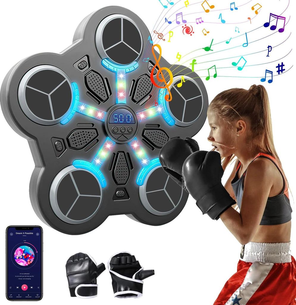 Smart Bluetooth Boxautomat - Schlagpolster mit Musik - LED-Score & Rhythmuslichter - 3 Geschwindigkeitsmodi - Heimtraining - Mit Boxhandschuhen