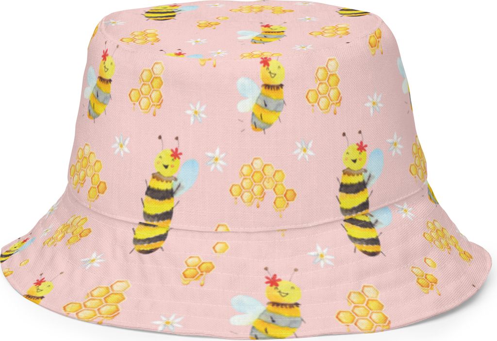 Mr. & Mrs. Panda Sommermütze Biene Happy Größe S/M - Rosa - Geschenk, Anglerhut, Sonnenhut, Wanderhut, Bucket Hat, Schlapphut, Fischerhut