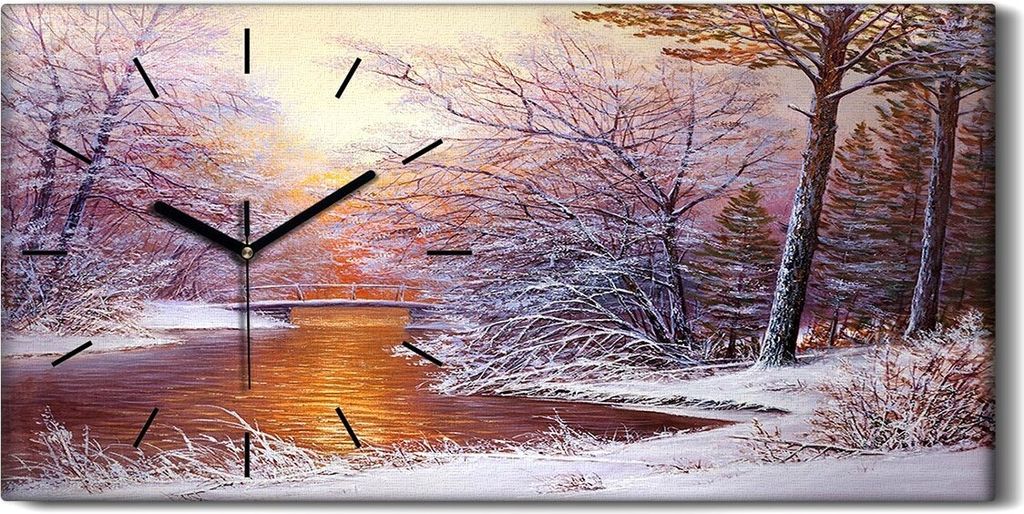 Wanduhr Uhr Wandbild Leinwand Geräuschlos 60x30 Ölgemälde Winter Bäume - schwarze Hände