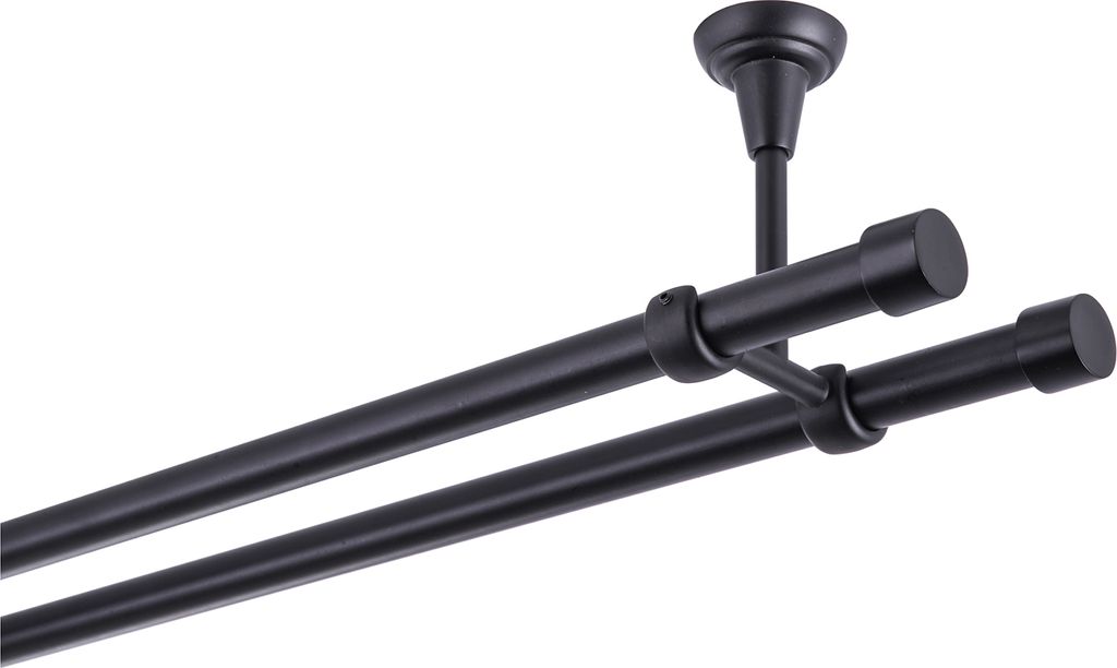 A black double curtain rod mounted on a ceiling.