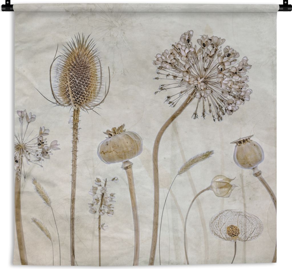 MuchoWow Wandteppich Wandbehang Blumen - Aquarell - Stilleben - Braun - Vintage 120x120 cm Tapisserie Dekoration Wandtuch - Modern - Baumwollgewebe