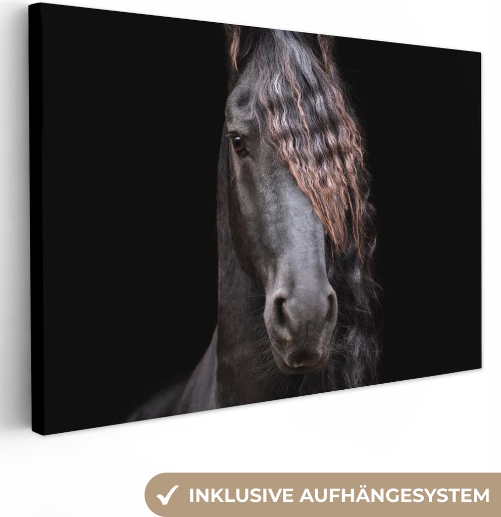 MuchoWow - Leinwandbilder - Pferde - Friesisch - Mähne - Schwarz - Tiere, Wandbild, Wanddeko Bilder Wohnzimmer, 90x60 cm