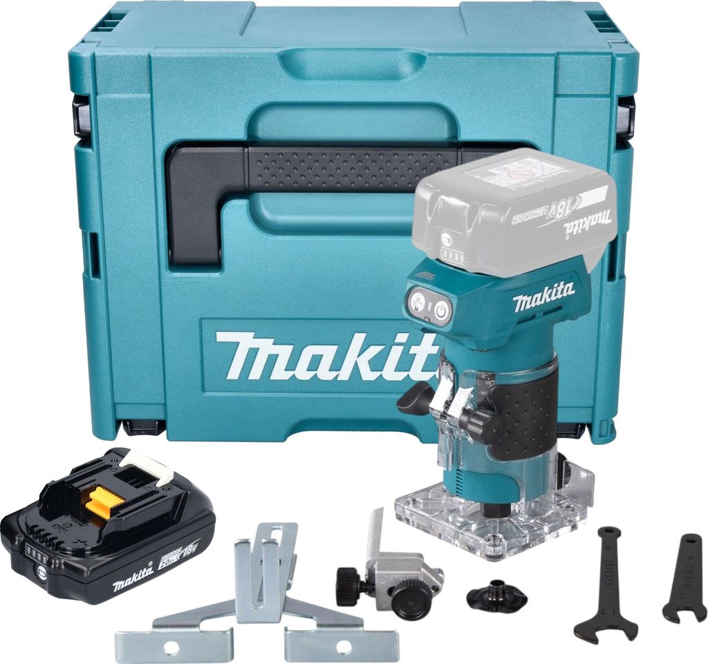 Makita DRT 52 A1J Akku Kantenfräse 18 V 6 mm Brushless + 1x Akku 2,0 Ah + Makpac - ohne Ladegerät