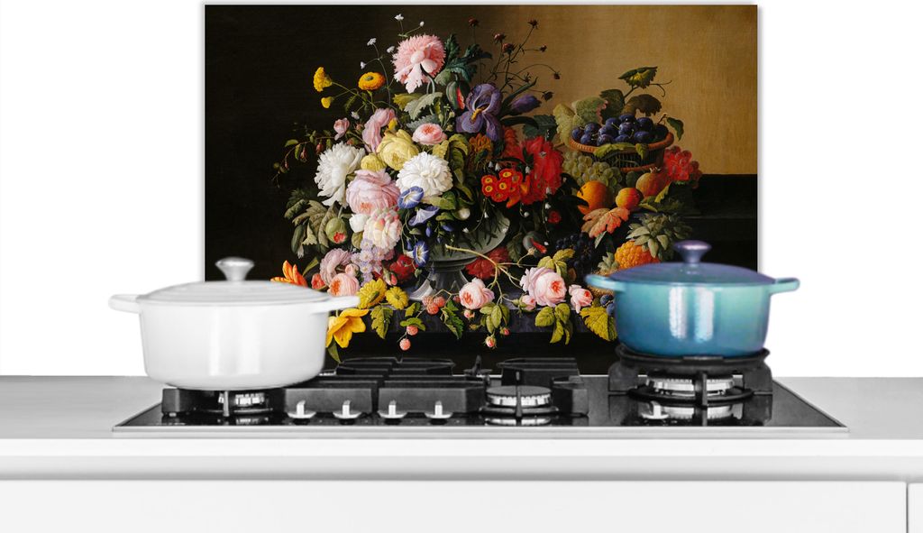KitchenYeah Spritzschutz Küche - Küchenrückwand - Wandschutz für Herd und Spüle - Stilleben mit Blumen und Früchten - Kunstwerk - Alte Mei...