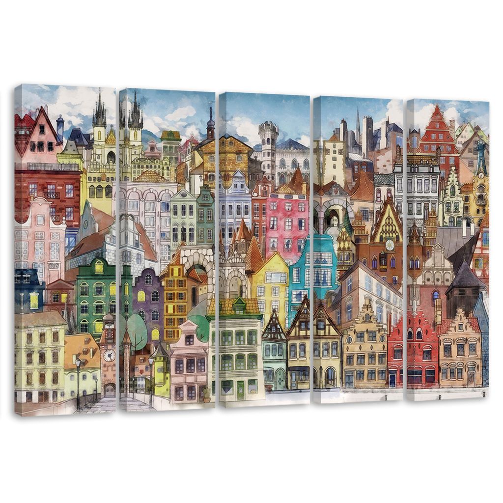 5-teiliges leinwandbild fröhliche stadt 100x70 cm Feeby farbe wandbild bereit zum aufhängen