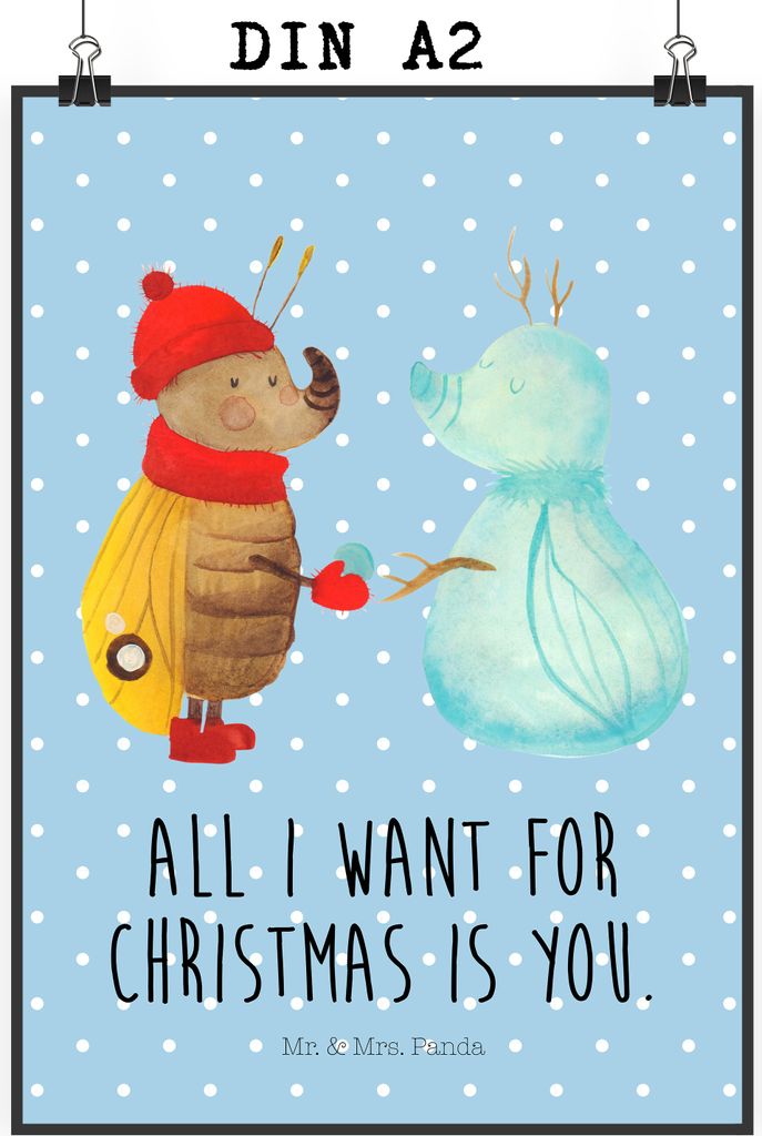 Mr. & Mrs. Panda Bild Nachtfalter Schneemann DIN A2 - Blau Pastell - Geschenk, Winterzeit, Kunstdruck, drucke, Weihnachtsgruß, Weihnachten, poster...