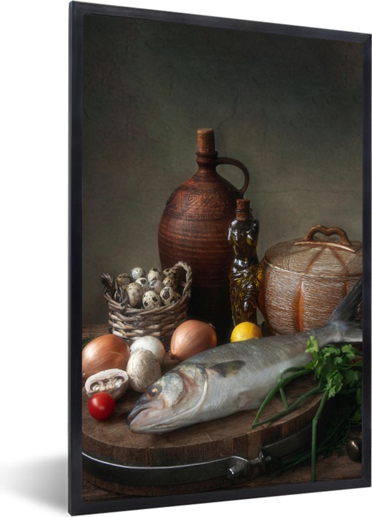 MuchoWow Gerahmtes Poster Rustikal - Fisch - Stilleben - Gemüse - Kräuter 40x60 cm - Poster mit Schwarzem Bilderrahmen Wandposter Rahmen Foto B...