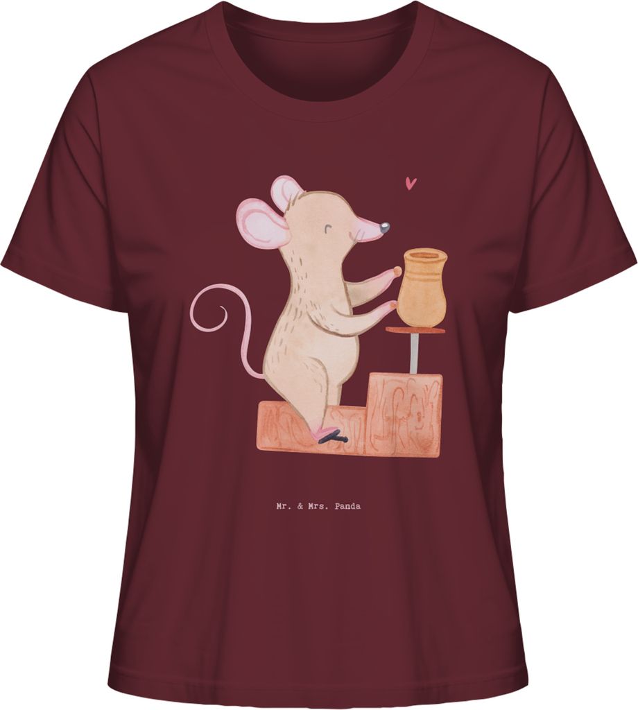 Mr. & Mrs. Panda Oberteil Damen Maus Töpfern Größe M - Burgundy - Geschenk, Baumwoll T-Shirt, Töpferkurs, Basic, Frauen, Töpferei, Shirt